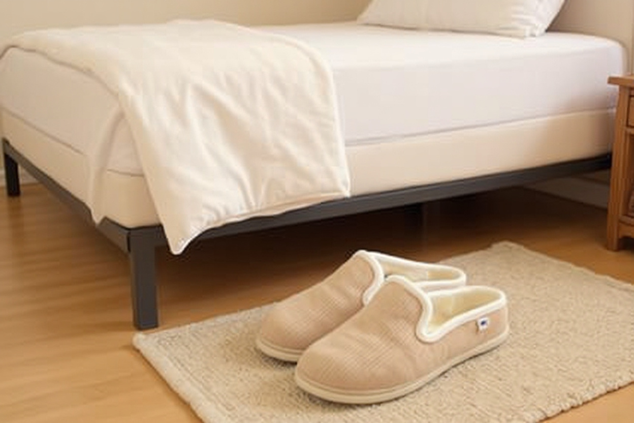 Une paire de chaussons beiges sur un tapis de chevet, prête à être enfilée.